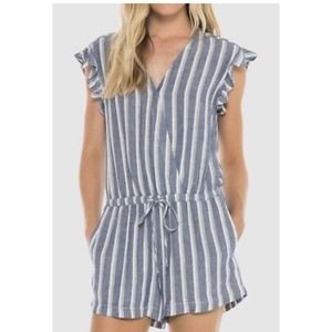 Anthropologie Cloth + Stone Large Romper Blue White Striped Short Linen Blend